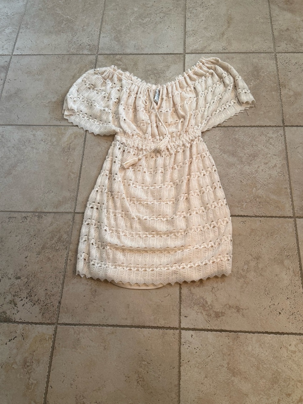 Max Studio Cream Crochet Off-Shoulder Mini Dress